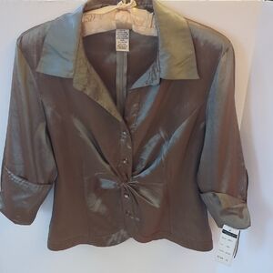 Elegant Jackie Jon/NY Metallic Blouse with Knot Detail, 3/4 Sleeve Zipper, Taupe